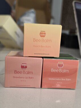 Bee Balm Lip Care Trio Peach Strawberry Watermelon Scents 5g each with applicato